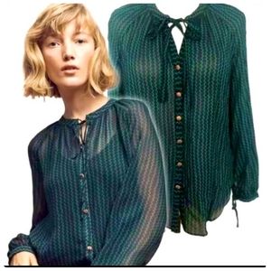 Anthropologie Maeve Della Sheer Long Sleeve Boho Green Navy Top Size Small●